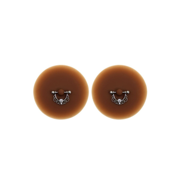 Paire de cache-tétons piercing barre demi-anneau faux diamant peau foncée 
